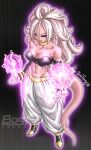 1girl abs absurdres android_21 baggy_pants bandeau black_sclera bosstseng breasts cleavage collarbone colored_sclera detached_sleeves dragon_ball dragon_ball_fighterz ear_piercing earrings energy_ball full_body groin highres jewelry large_breasts majin_android_21 neck_ring pants piercing pointy_ears red_eyes signature smile solo tail tongue tongue_out watermark 