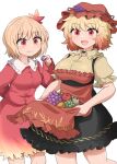  2girls :d aki_minoriko aki_shizuha apron apron_basket blonde_hair breasts chups closed_mouth dress eating food fruit grapes hat highres large_breasts mob_cap multiple_girls open_mouth pear red_apron red_dress red_eyes red_headwear short_hair short_sleeves siblings simple_background sisters smile tomato touhou white_background yellow_dress 