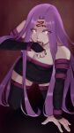  1girl blood blood_from_mouth facial_mark fate/stay_night fate_(series) forehead forehead_mark highres long_hair looking_at_viewer medusa_(fate) medusa_(rider)_(fate) nikumaki43 purple_hair solo very_long_hair yellow_eyes 