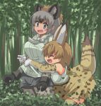  2girls ^_^ animal_ears animal_print arms_around_waist arms_at_sides arms_up bangs bare_shoulders bent_over black_hair bodystocking brown_hair bush closed_eyes day elbow_gloves fur_scarf gloves grey_eyes grey_hair hane_(kirschbaum) hug hug_from_behind hyena_ears kemono_friends layered_sleeves light_brown_hair long_hair long_sleeves looking_at_another medium_hair multicolored_hair multiple_girls open_mouth outdoors pocket print_gloves print_skirt print_sleeves print_thighhighs scarf serval_(kemono_friends) serval_print shirt short_over_long_sleeves short_sleeves skirt sleeveless sleeveless_shirt smile spotted_hyena_(kemono_friends) standing surprised tail thighhighs tree white_shirt wide-eyed zettai_ryouiki 