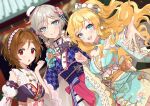  3girls anastasia_(idolmaster) antenna_hair blonde_hair blue_eyes blue_kimono blush brown_hair closed_mouth domyoji_karin grey_hair idolmaster idolmaster_cinderella_girls japanese_clothes kimono looking_at_viewer multiple_girls ohtsuki_yui parted_lips ponytail red_eyes rum_raisin_(chihiromakita19) short_hair smile teeth upper_teeth 