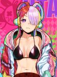 1girl abs absurdres alternate_costume asymmetrical_hair bikini bikini_top_only black_bikini blonde_hair blue_hair breasts character_name cleavage closed_mouth coat collarbone colorful commentary expressionless eyelashes green_hair hair_over_one_eye hair_rings headphones highres long_hair looking_at_viewer medium_breasts multicolored_coat multicolored_hair navel one_piece open_clothes open_coat pants patterned_background purple_eyes red_hair red_pants solo stomach swimsuit toned twintails upper_body urasanmyaku uta_(one_piece) white_hair 