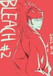  1boy abarai_renji bleach bleach:_the_thousand-year_blood_war copyright_name headband high_ponytail highres japanese_clothes komatsubara_sei long_hair long_sleeves looking_at_viewer male_focus parted_lips ponytail red_background red_hair sideburns solo upper_body 