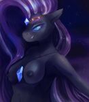  2015 anthro bedroom_eyes black_body black_nipples blue_eyes breasts clothed clothing crown digital_media_(artwork) equid equine eyebrows eyelashes fangs female gem hair hasbro idw_publishing jewelry jupiter-ponies long_hair mammal medium_breasts multicolored_hair my_little_pony my_little_pony_(idw) narrowed_eyes nightmare_rarity_(idw) nipples pupils purple_hair seductive slit_pupils solo topless two_tone_hair 