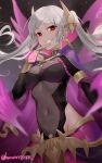  1girl armlet bangs bodystocking breasts bridal_gauntlets cape collar covered_navel dark_persona earrings evil_grin evil_smile eyes_of_grima fang fire_emblem fire_emblem_awakening fire_emblem_heroes floating_hair grima_(fire_emblem) grin hair_ornament hand_tattoo haru_(nakajou-28) high_collar highres jewelry long_hair looking_at_viewer medium_breasts official_alternate_costume purple_cape red_eyes robin_(fire_emblem) robin_(fire_emblem)_(female) smile solo swept_bangs tattoo teeth twintails twitter_username white_hair 