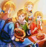  2boys 2girls :d blonde_hair bowl closed_eyes closed_mouth dress food green_headwear highres holding holding_spoon link long_hair maruta_maruta multiple_boys multiple_girls pink_dress pointy_ears princess_zelda pumpkin silent_princess smile spoon stew table the_legend_of_zelda the_legend_of_zelda:_breath_of_the_wild the_legend_of_zelda:_skyward_sword 