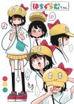  ... 1girl adjusting_clothes adjusting_headwear baseball_cap black_hair black_socks blush bow bright_pupils closed_mouth double_v earbuds earphones flying_sweatdrops grin hat highres kinnzoku kneehighs looking_at_viewer looking_away musical_note open_mouth original parted_lips red_bow red_eyes red_footwear shoes short_hair smile sneakers socks speech_bubble spoken_blush spoken_ellipsis spoken_flying_sweatdrops spoken_musical_note teeth thought_bubble translation_request v white_pupils yellow_headwear 