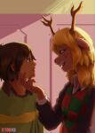  5_fingers absurd_res anthro antlers blonde_hair breasts brown_eyes brown_hair buckteeth capreoline cervid checkered_clothing clothing collared_shirt deltarune doe_with_antlers duo eye_contact female fingers flirting freckles hair hi_res holding_face horn human interspecies kris_(deltarune) light long_hair looking_at_another male male/female mammal narrowed_eyes noelle_holiday pattern_clothing pattern_shirt pattern_topwear red_nose reindeer romantic romantic_ambiance shirt short_hair signature striped_clothing striped_shirt striped_topwear stripes teeth tongue topwear undertale_(series) video_games zetoru 