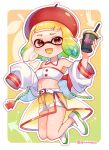  1girl :d apple bare_shoulders belt belt_buckle blonde_hair blue_hair buckle colored_tongue cup detached_collar drinking_straw food fruit fruit_hat full_body gradient_hair green_hair hand_up hat highres holding holding_cup inkling inkling_girl legs_up long_sleeves multicolored_hair navel open_mouth outline red_eyes red_headwear see-through shina_shina shoes short_hair shorts sleeves_past_fingers sleeves_past_wrists smile solo splatoon_(series) strapless suction_cups tentacle_hair tube_top twitter_username white_belt white_footwear white_outline white_shorts white_tube_top yellow_tongue zipper 