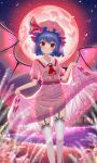  1girl artist_name ascot bangs bat_wings blue_hair blurry blurry_foreground blush brooch feet_out_of_frame garter_straps gem hat hat_ribbon highres jewelry kiramarukou looking_at_viewer mob_cap moon outdoors parted_lips pink_headwear pink_shirt pink_skirt puffy_short_sleeves puffy_sleeves red_ascot red_eyes red_gemstone red_moon red_ribbon remilia_scarlet ribbon see-through see-through_silhouette shirt short_hair short_sleeves signature skirt skirt_hold sky smile solo standing star_(sky) starry_sky thighhighs touhou twitter_username white_thighhighs wings 