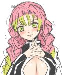  1girl blush braid breasts cleavage closed_mouth demon_slayer_uniform eyelashes flying_sweatdrops furrowed_brow green_eyes hands_up head_tilt interlocked_fingers kanroji_mitsuri kimetsu_no_yaiba large_breasts light_green_hair long_hair looking_at_viewer mole mole_under_eye multicolored_hair pink_hair shina_shina simple_background smile solo twin_braids twitter_username two-tone_hair upper_body white_background 