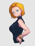  1girl android_18 blonde_hair blue_eyes dragon_ball dragon_ball_z earrings jewelry kemachiku looking_at_viewer short_hair solo upper_body 