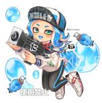  1girl :d aqua_eyes baseball_cap black_neckerchief blue_hair blue_sailor_collar blue_tongue bubble clothes_pin colored_tongue full_body hat holding ink_tank_(splatoon) long_hair long_sleeves looking_at_viewer neckerchief octarian octoling octoling_girl open_mouth puffy_long_sleeves puffy_sleeves sailor_collar shina_shina shirt shoes simple_background single_vertical_stripe smile solo splatoon_(series) splattershot_jr_(splatoon) super_soaker tentacle_hair torpedo_(splatoon) twitter_username white_background white_footwear white_shirt 
