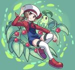  1girl blue_overalls brown_eyes brown_hair cabbie_hat chikorita closed_mouth commentary_request full_body hat highres holding holding_poke_ball long_hair lyra_(pokemon) overalls poke_ball poke_ball_(basic) pokemon pokemon_(creature) pokemon_(game) pokemon_hgss pokemon_on_arm red_footwear red_shirt shirt shoes smile sutokame thighhighs twintails white_headwear 