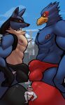  anthro avian bird blue_body bulge bulge_frottage canid canine canis city clothing falco_lombardi frottage generation_4_pokemon hi_res lucario macro male male/male mammal muscular muscular_male nintendo pokemon pokemon_(species) rygel_spkb sex speedo star_fox swimwear video_games wolf wolf_o&#039;donnell worship 