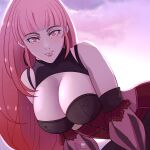  1girl bangs bare_shoulders bent_over breasts cleavage cleavage_cutout clothing_cutout corset cut_bangs earrings fire_emblem fire_emblem:_three_houses hair_down highres hilda_valentine_goneril hoop_earrings ihsnet jewelry large_breasts leaning_to_the_side light_blush lips lipstick long_hair looking_at_viewer lowered_eyelids makeup pink_hair pink_lips puffy_sleeves smile solo very_long_hair watermark wrist_cuffs 