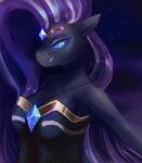  2015 anthro bedroom_eyes black_body blue_eyes breasts crown digital_media_(artwork) equid equine eyebrows eyelashes fangs female gem hair hasbro idw_publishing jewelry jupiter-ponies long_hair mammal multicolored_hair my_little_pony my_little_pony_(idw) narrowed_eyes nightmare_rarity_(idw) pupils purple_hair seductive slit_pupils solo two_tone_hair 