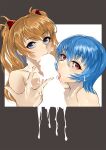  2girls ayanami_rei blue_eyes blue_hair censored cum cum_on_fingers cum_on_hair facial highres implied_fellatio licking looking_at_viewer multiple_girls neon_genesis_evangelion nude penis_shadow red_eyes short_hair souryuu_asuka_langley tongue tongue_out v yuki_tarou 