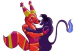  absurd_res animate_inanimate anthro black_horn blue_fire colored_fire demon duo embrace fire hi_res horn hug imp lapfox_trax living_pi&ntilde;ata male male/male obsidian_trash pi&ntilde;ata preril_(ashbeater421) the_quick_brown_fox tongue tongue_out wholesome_hug 