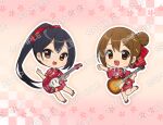  2girls :d bangs black_hair brown_eyes brown_hair chibi commentary_request electric_guitar full_body guitar hair_ornament hair_ribbon hairclip hand_up hirasawa_yui holding holding_instrument instrument japanese_clothes k-on! kimono light_blush long_hair looking_at_viewer multiple_girls nakano_azusa open_mouth red_kimono ribbon ryuuka_sane sample_watermark short_kimono smile teeth upper_teeth 