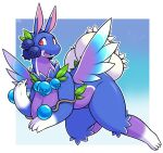  anthro berry blue_background blue_body blue_sky_fruit_berry_dragon border breasts dragon elemental_creature female flora_fauna food fruit iriedono multicolored_body open_mouth open_smile plant purple_body puzzle_and_dragons red_eyes simple_background smile solo video_games white_body white_border wings 