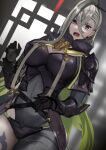  1girl armor armored_boots asymmetrical_clothes bangs bodysuit boots breastplate breasts covered_navel fate/grand_order fate_(series) gauntlets green_hair grey_bodysuit grey_eyes hair_between_eyes hair_ornament hairpin high_collar highleg huyan_zhuo_(fate) jikihatiman large_breasts long_hair looking_at_viewer multicolored_hair open_mouth pauldrons shoulder_armor single_pantsleg solo streaked_hair thighs very_long_hair white_hair 