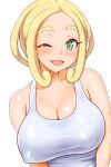  1girl ;d alternate_breast_size bare_arms blonde_hair blush breasts cleavage commentary_request covered_nipples eyelashes green_eyes highres large_breasts one_eye_closed open_mouth pokemon pokemon_(game) pokemon_xy shirt simple_background sleeveless sleeveless_shirt smile solo tank_top todoshiroh upper_body viola_(pokemon) white_background white_shirt 