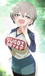  1girl :d blue_eyes blue_shorts breasts clothes_writing fang grey_hair ixy large_breasts looking_at_viewer short_hair shorts skin_fang smile solo sugoi_dekai uzaki-chan_wa_asobitai! uzaki_hana 