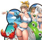  3girls blonde_hair blue_jacket cain_(gunnermul) crab dungeon_and_fighter hair_bun highres holding_floatie ikki_the_vikki jacket light_brown_hair multiple_girls open_mouth outstretched_hand pointy_ears red_eyes shirt short_sleeves shorts smile swimsuit teeth thigh_strap water white_hair white_shirt white_shorts wristband 