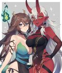  2girls akumi_(yoclesh) animal_ears blue_eyes border breasts bridal_gauntlets brown_hair colored_skin commentary commission cowboy_shot dress earrings english_commentary fangs grey_background grey_hair hair_between_eyes hand_on_hip highres horns indie_virtual_youtuber jewelry large_breasts long_hair looking_at_viewer matsuda_sousuke mole mole_on_breast mole_under_eye multiple_girls oni oni_horns open_mouth pointy_ears red_skin scar scar_on_arm scar_on_face second-party_source simple_background slit_pupils sugi_aoki tail teeth very_long_hair virtual_youtuber vyugen white_border yellow_eyes 