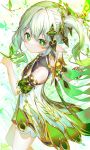  1girl bangs bug cape closed_mouth cowboy_shot cross-shaped_pupils crystalfly_(genshin_impact) dress genshin_impact green_cape green_eyes green_hair hair_ornament highres kiramarukou leaf_hair_ornament long_hair looking_at_viewer nahida_(genshin_impact) pointy_ears simple_background solo white_background white_dress 