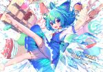  1girl :d arm_up bangs barefoot bloomers blue_bow blue_dress blue_eyes blue_hair blush bow cake cirno collared_shirt dress floating_hair food foot_out_of_frame frills hair_between_eyes hair_bow happy highres ice ice_cream ice_cream_cone ice_wings kiramarukou looking_at_viewer neck_ribbon open_mouth outstretched_arm popsicle puffy_short_sleeves puffy_sleeves red_ribbon ribbon shaved_ice shirt short_hair short_sleeves smile soft_serve solo touhou underwear white_bloomers white_shirt wings 