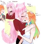  2girls animal_ears bangs blush collar dog_ears dog_girl dog_tail earrings english_text feather_earrings feathers gradient_hair highres hololive hololive_english jewelry kiss kissing_forehead leash long_hair miyamoto_(dominocube6) mori_calliope multicolored_hair multiple_girls open_mouth orange_hair pink_eyes pink_hair purple_eyes smile tail tail_wagging takanashi_kiara virtual_youtuber yuri 