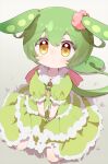  1girl :&lt; blush closed_mouth commentary_request dress frilled_dress frills green_dress green_hair hair_between_eyes hair_ornament highres ponytail puffy_short_sleeves puffy_sleeves ribbon seiza short_sleeves sitting solo utsubo_(utb) voicevox yellow_eyes zundamon 