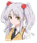  1girl black_necktie closed_mouth dated grey_hair hair_bobbles hair_ornament hoshino_ruri kichihachi kidou_senkan_nadesico looking_at_viewer necktie orange_vest short_hair simple_background solo twintails twitter_username vest white_background yellow_eyes 