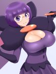  1girl alternate_breast_size bangs blunt_bangs bob_cut book breasts cleavage commentary_request dress glasses gloves holding holding_book holding_pen large_breasts parted_lips pen pokemon pokemon_(game) pokemon_bw purple_dress purple_eyes purple_hair shauntal_(pokemon) short_hair smile solo todoshiroh 