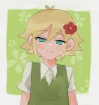  1boy andou_(sino_spkt) basil_(omori) blonde_hair blue_eyes blush closed_mouth collared_shirt flower green_sweater_vest hair_flower hair_ornament looking_at_viewer omori shirt short_hair short_sleeves smile solo sweater_vest upper_body white_shirt 