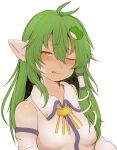 1girl animal_ears bare_shoulders blush breasts frog_hair_ornament green_hair hair_ornament hawthorn kochiya_sanae long_hair looking_at_viewer one_eye_closed shiny shiny_hair simple_background small_breasts solo tongue tongue_out touhou upper_body white_background yellow_eyes 