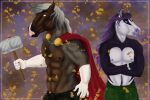  2022 5_fingers anthro bare_chest bracelet cape clothed clothing crossed_arms digital_media_(artwork) donner_(morrigan_the_marwari) draft_horse dream_merchant duo equid equine facial_markings fingers hair hammer head_markings horse jewelry looking_at_another looking_away looking_back male mammal markings multicolored_hair nipples partially_clothed purple_eyes saron_(morrigan_the_marwari) tools two_tone_hair yellow_eyes 