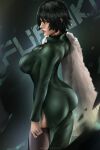  1girl artist_name ass bangs black_hair blue_eyes breasts character_name commentary dress fubuki_(one-punch_man) fur_coat gradient gradient_background green_dress highres impossible_clothes impossible_dress large_breasts lips long_sleeves looking_at_viewer one-punch_man shiny shiny_hair short_hair simple_background skin_tight taut_clothes taut_dress thighhighs wtparadise 