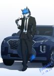  2022 anthro black_belt black_bottomwear black_clothing black_necktie black_nose black_pants black_sclera black_suit blue_eyes blue_hair bottomwear canid canine canis car cheek_tuft clothed clothing dated eyewear facial_tuft front_view full-length_portrait fur grey_body grey_fur hair hi_res male mammal messy_hair necktie pants papayafurry portrait red_eyes short_hair simple_background solo standing sunglasses topwear tuft vehicle white_background white_body white_clothing white_fur white_topwear wolf 