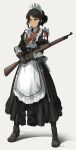  1girl apron asterisk_kome bangs blue_eyes bolt_action boots dark-skinned_female dark_skin dress emblem frills gloves grey_background gun highres holding holding_gun holding_weapon long_sleeves maid maid_apron maid_headdress medal original puffy_sleeves rifle sheath sheathed sniper_rifle sniper_scope solo standing sword weapon 