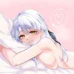  1girl bangs bed bed_sheet blush breasts face_in_pillow fire_emblem fire_emblem:_radiant_dawn grey_hair grin hair_ribbon half_updo heart highres long_hair looking_at_viewer lying marth-chan_(micaiah_mrmm) medium_breasts micaiah_(fire_emblem) object_hug on_bed on_stomach pillow pillow_hug pink_background ribbon signature simple_background smile solo spoken_heart upper_body yellow_eyes 