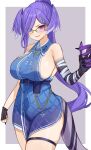  1girl absurdres bespectacled black_gloves black_nails blue_eyes breasts fang fingernails glasses gloves head_wings heterochromia highres large_breasts looking_at_viewer nijisanji nijisanji_en parted_lips purple_eyes purple_hair selen_tatsuki sharp_fingernails sideboob single_glove skin_fang smile solo tyoko_tanuki16 virtual_youtuber 