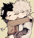  2boys arms_around_neck black_hair cheek-to-cheek closed_mouth face-to-face gon_freecss hand_in_another&#039;s_hair heads_together holding hug hunter_x_hunter killua_zoldyck long_sleeves male_child male_focus monochrome multiple_boys na8_06 nuzzle shirt short_hair simple_background spiked_hair white_hair white_shirt yaoi 