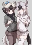  2girls a888_n22 antelope_ears antelope_horns black_hair black_pantyhose black_scarf black_shirt black_skirt black_wildebeest_(kemono_friends) blue_bow blue_wildebeest_(kemono_friends) blush bow brown_eyes brown_hair extra_ears hair_between_eyes hair_bow highres kemono_friends long_hair long_sleeves multicolored_hair multiple_girls pantyhose pleated_skirt scarf shirt short_sleeves skirt thighhighs two-tone_hair white_hair white_scarf white_shirt white_skirt white_thighhighs zettai_ryouiki 