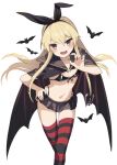  1girl alternate_costume anchor_hair_ornament bat_(animal) black_bra black_cape black_panties black_skirt blonde_hair bra breasts cape commentary_request fang grey_eyes hair_ornament halloween_costume highleg highleg_panties kantai_collection leaning_forward long_hair microskirt one-hour_drawing_challenge panties pleated_skirt shimakaze_(kancolle) simple_background skin_fang skirt small_breasts solo standing striped striped_thighhighs thighhighs underwear vampire white_background yamashichi_(mtseven) 