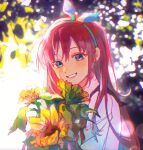  1girl aubrey_(omori) blush catea_(catea22091196) green_eyes grin hairband highres jacket long_hair long_sleeves looking_at_viewer omori parted_lips pink_hair smile solo teeth upper_body white_jacket 