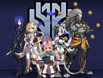  1boy 4girls absurdres animal_ear_fluff animal_ear_piercing animal_ears animal_feet banyue_(zenless_zone_zero) bare_shoulders barium_cps black_boots black_cloak black_hair blonde_hair blue_background blue_hair boots braid braided_twintails chakram chinese_clothes cloak closed_mouth clothed_robot clothes_around_waist commentary_request crescent crescent_earrings crossed_arms detached_sleeves dialyn_(zenless_zone_zero) dress earrings floating_ball furry furry_female garter_straps green_shirt grey_hair hair_between_eyes hair_extensions hair_ornament hairclip highres holding holding_sword holding_weapon humanoid_robot jewelry long_hair multicolored_hair multiple_girls necktie orb phoenix_reffaella pink_fur pink_hair pixel_art promeia_(zenless_zone_zero) purple_eyes qipao rabbit_ears rabbit_girl red_eyes ring_hair_extensions robot robot_boy screw shirt sphere_hair_ornament split-color_hair sword thigh_boots thighhighs weapon white_dress white_garter_straps white_hair white_thighhighs yellow_eyes yellow_necktie zenless_zone_zero zhao_(zenless_zone_zero) 