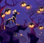  animated animated_gif bare_tree bedupolker complementary_colors curled_horns demon_tail faux_traditional_media fog glowing horns houndoom jack-o'-lantern light_particles no_humans outdoors pokemon pokemon_(creature) pokemon_focus pumpkaboo purple_background tail tree withered 